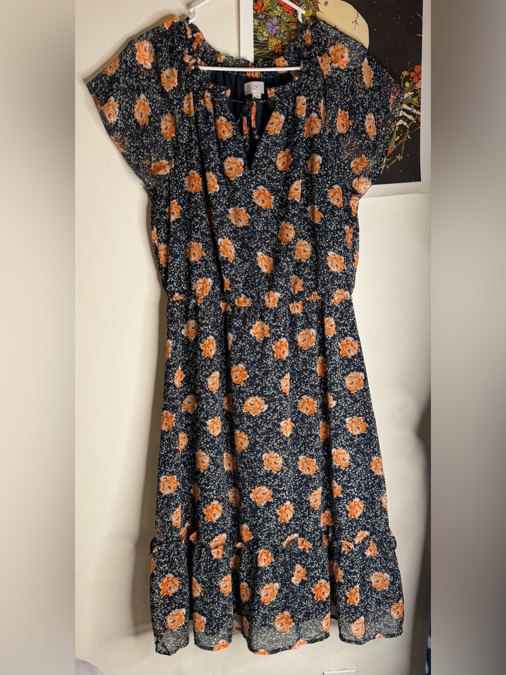 LOFT Navy Midi Dress with Orange Floral Print